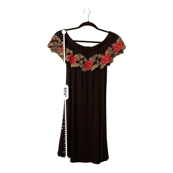 Y2K 90s Black & Red Rose Lace Slinky Off Shoulder Top & Pants Whimsigoth Size M - Picture 7 of 16